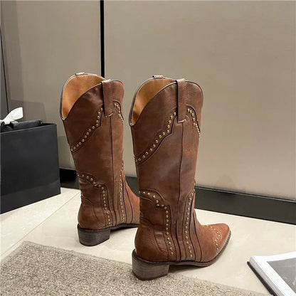 2025 New Women's Boots Low Heel Cowboy Western Short Leather Knee High Luxury Designer Gothic New Rock Shoes Vintage