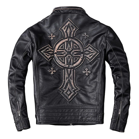 Distressed Leather Jacket Men Vintage Motorcycle Jackets 100% Natural Cowhide Men's Motorbiker Coat Autumn Asian Size