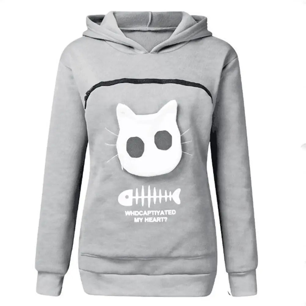 Super Big Pocket Women Sweatshirt Can Put In A Cat Kangaroo Pouch Women Hoodie Fish Bone Print Hoodie Pets Holder Sweatshirt