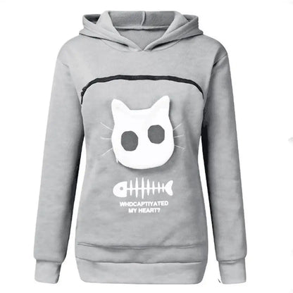 Super Big Pocket Women Sweatshirt Can Put In A Cat Kangaroo Pouch Women Hoodie Fish Bone Print Hoodie Pets Holder Sweatshirt
