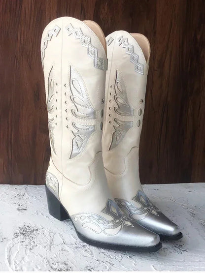 Bottes de cowgirl occidentales brodées vintage pour femmes, chaussures à enfiler, talon carré pour dames, bottes cavalières, mode automne et hiver