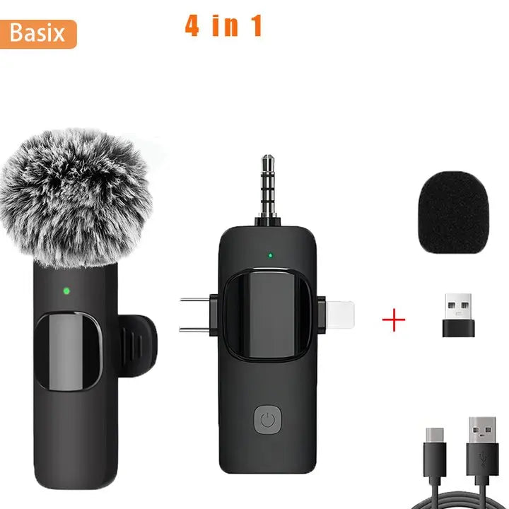 Basix Microphone cravate sans fil professionnel 4 en 1 pour iPhone Android 3,5 mm pour enregistrement en direct, suppression du bruit, mini microphone