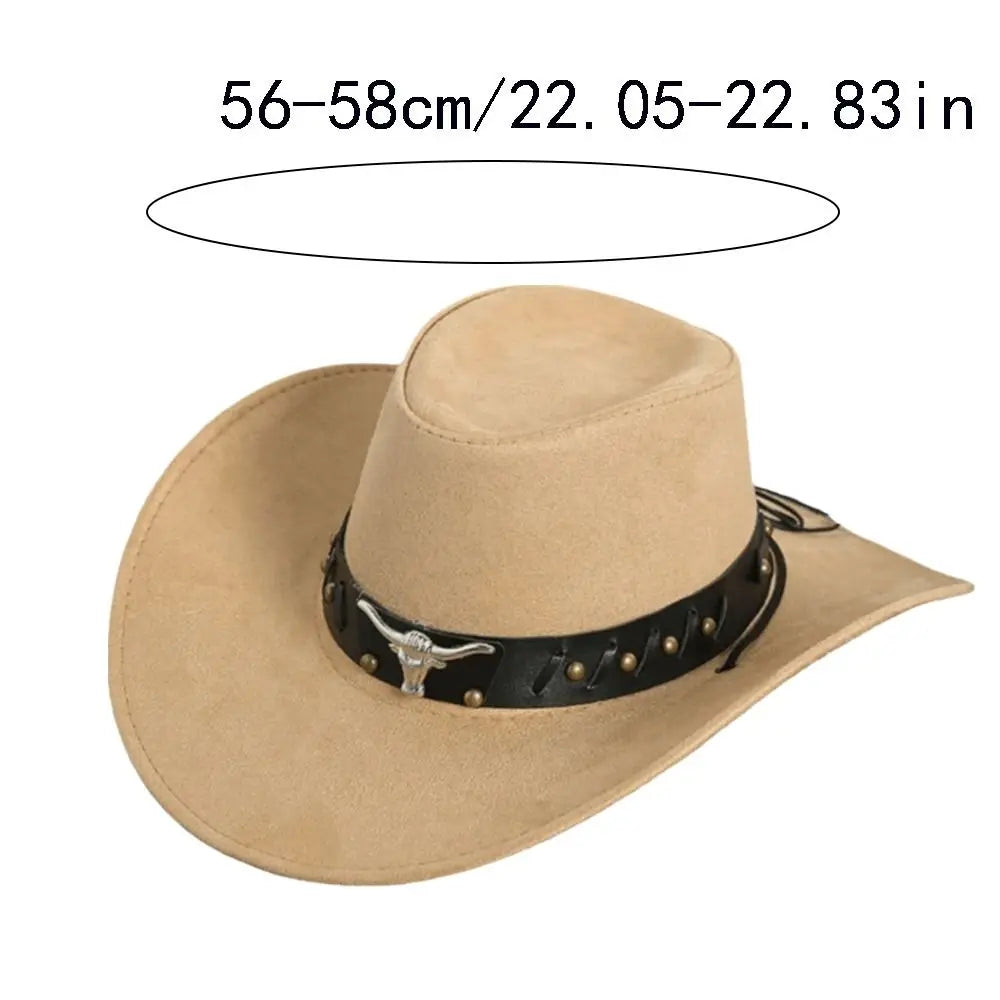 Chapeau de Cowboy occidental de Style ethnique Cool, chapeau de Jazz à large bord en rouleau, tête de vache, chapeau de chevalier de couleur unie, Protection solaire