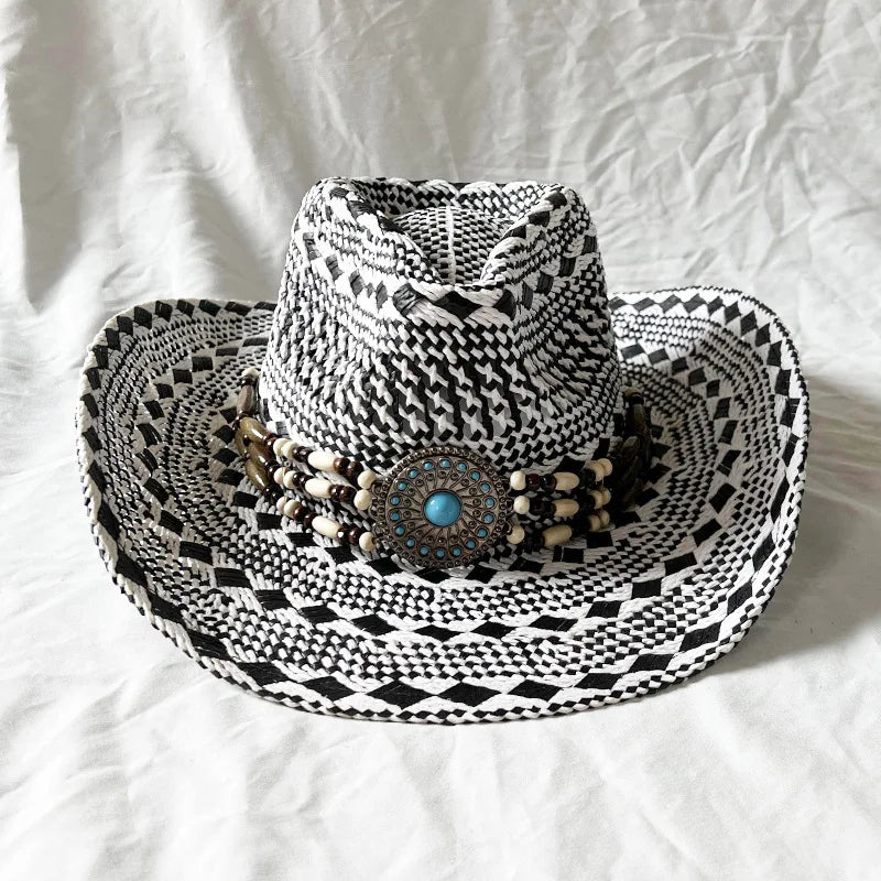 Chapeau de paille de cowboy vert matcha, tissé à la main, creux, pour hommes et femmes, chapeau de soleil d'été, chapeau de paille de cowboy occidental