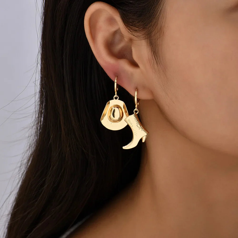 Boucles d'Oreilles Pendantes Asymétriques pour Cowgirl, Punk Goth Style, Cool Western Cowboy Hat Boot, Charms Or Plaqué Rock, Bijoux Accessoires