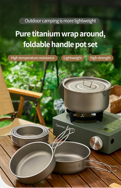 Vaisselle de Camping en plein air, ensemble d'ustensiles de cuisine en titane, marmite, poêle à frire avec poignées pliables, pique-nique cuisine randonnée Trekking