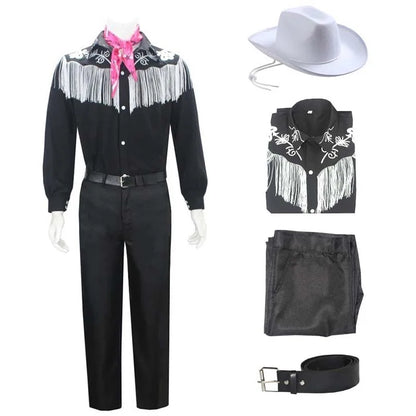 Costume de cowboy pour homme avec écharpe, chemise noire à franges à manches longues, pantalon et chapeau, idéal pour Halloween ou cosplay adulte