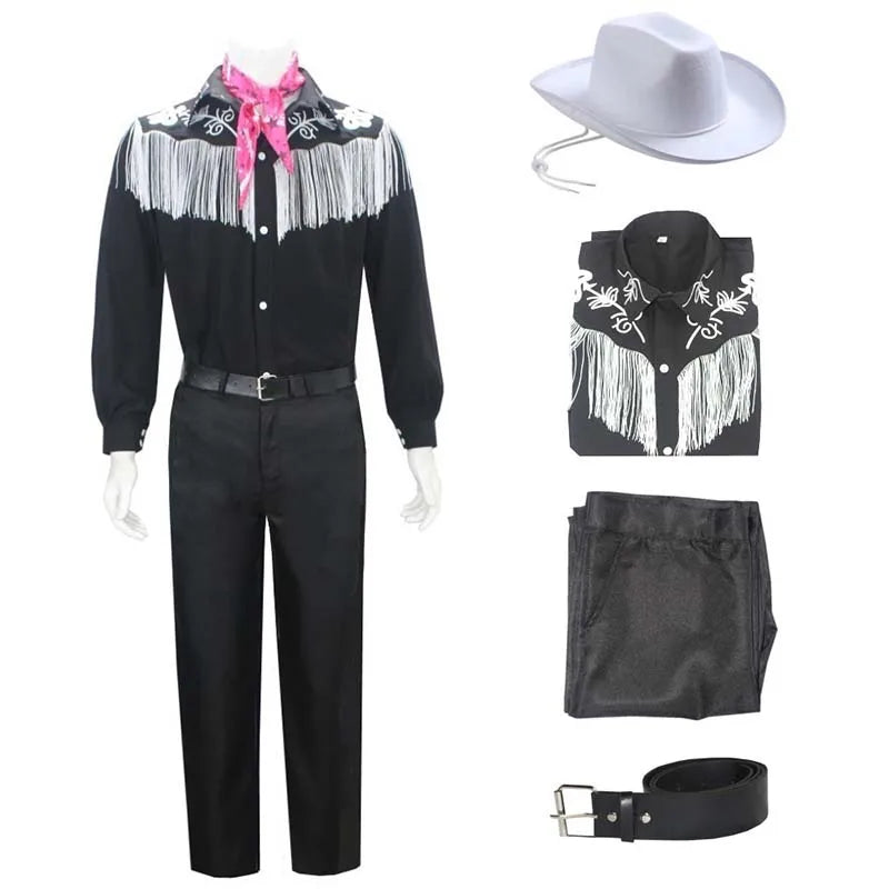 Costume de cowboy pour homme avec bandana, chemise à franges noires à manches longues, pantalon et chapeau, idéal pour Halloween ou cosplay adulte.