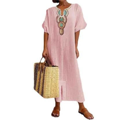 Embroidered Fashion O-Neck Short Sleeve Women Dresses Summer New Casual Unique Slit Dress Elegant Female Vacation Dress Robe