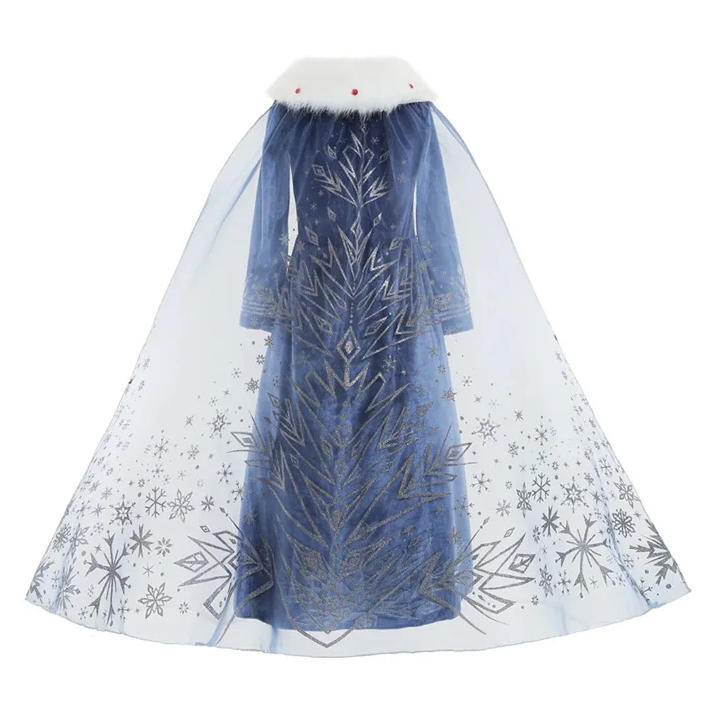 Costume Elsa Fille Robe Bleue Manches Longues Enfants Cosplay Princesse Déguisement Fête d'Halloween Anniversaire