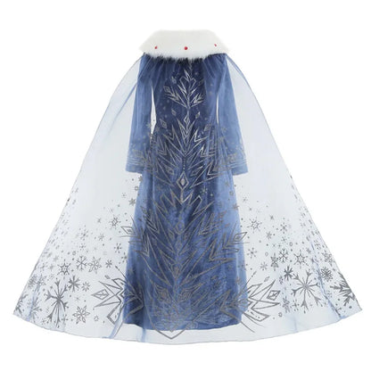 Costume Elsa Fille Robe Bleue Manches Longues Enfants Cosplay Princesse Déguisement Fête d'Halloween Anniversaire