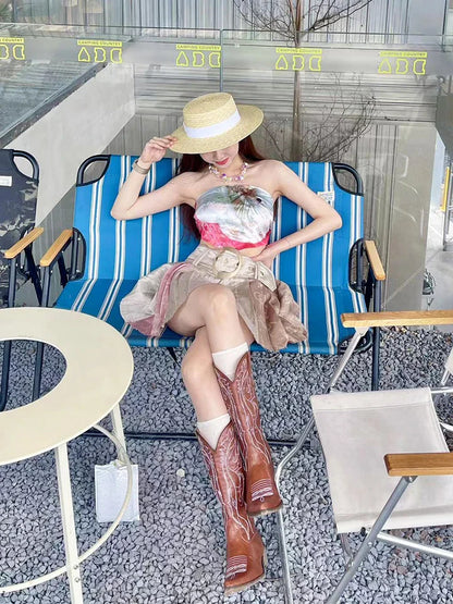 Women's boots genuine leather embroidery knee-length western cowboy boots high heels retro all-match knight fashion boots