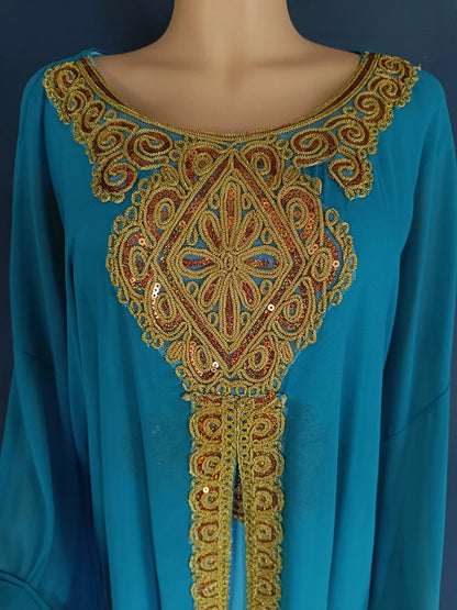 Abaya-Robes de soirée pour femmes, caftan musulman, manches évasées, robe brodée en dentelle dorée, trempée Jalabiya, Ramadan, ensemble de 2 pièces