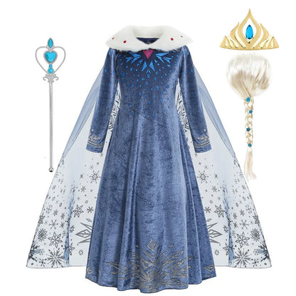 Costume Elsa Fille Robe Bleue Manches Longues Enfants Cosplay Princesse Déguisement Fête d'Halloween Anniversaire