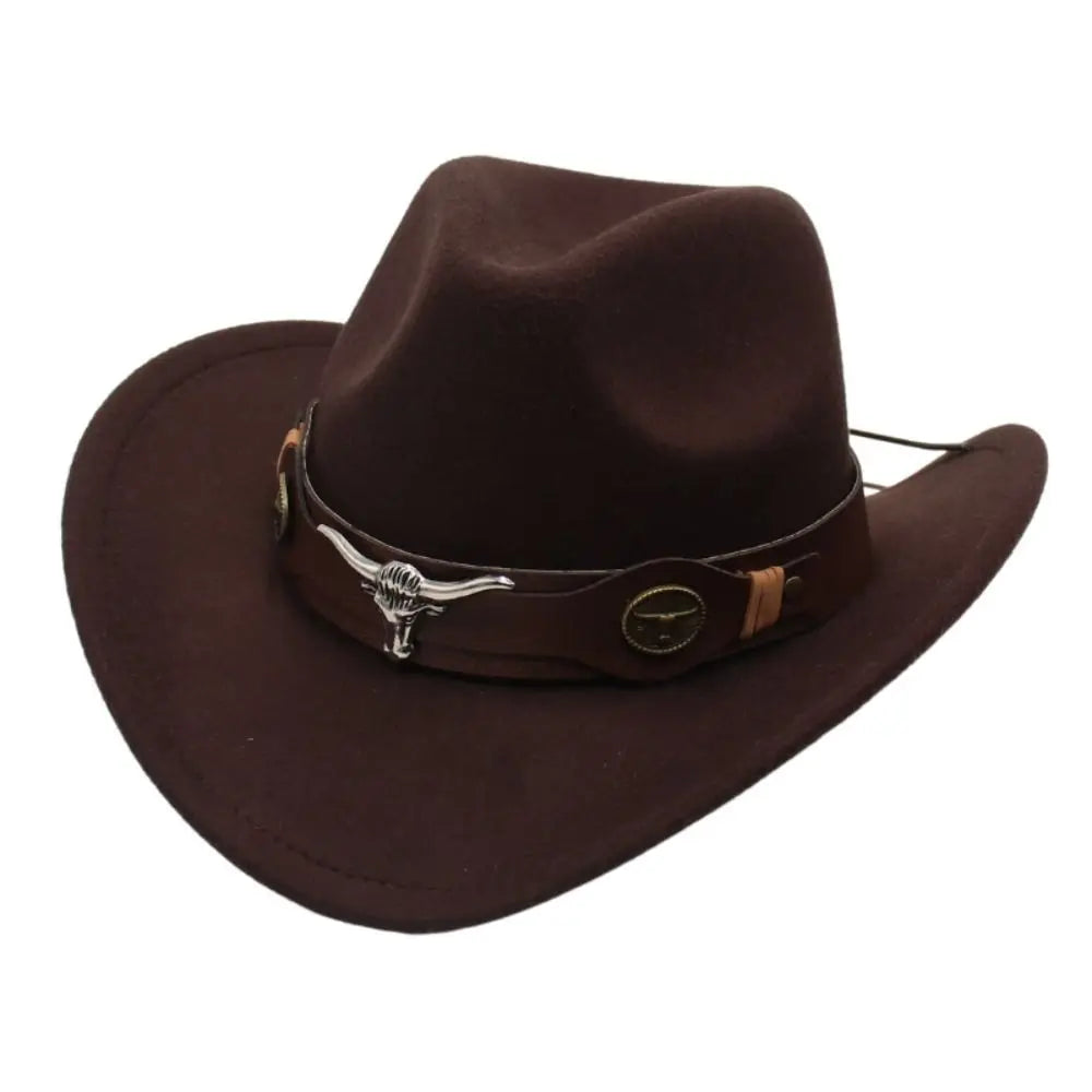 Chapeau de cowboy occidental en feutre pour enfants, accessoires de tête de bœuf, bande de vache, style tibétain, chapeau haut de forme ethnique, bord enroulé souple, casquette de cow-girl