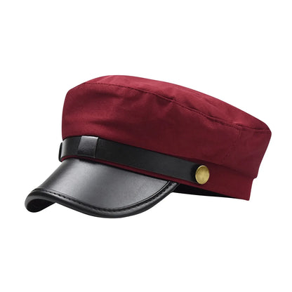 PU Leather Unisex Cycling Caps, Women Men Autumn Sailor Hat Black, Travel Student Hat, Flat Top Captain Hat
