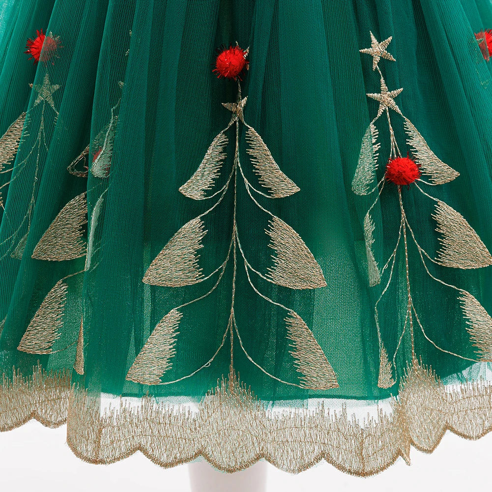 Robe de Princesse Fille Soirée Noël Enfant Broderie Elfe Élégante Manche Volantée Robe de Fête d'Anniversaire