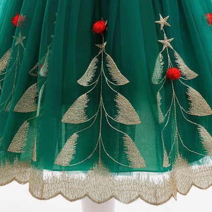 Robe de Princesse Fille Soirée Noël Enfant Broderie Elfe Élégante Manche Volantée Robe de Fête d'Anniversaire