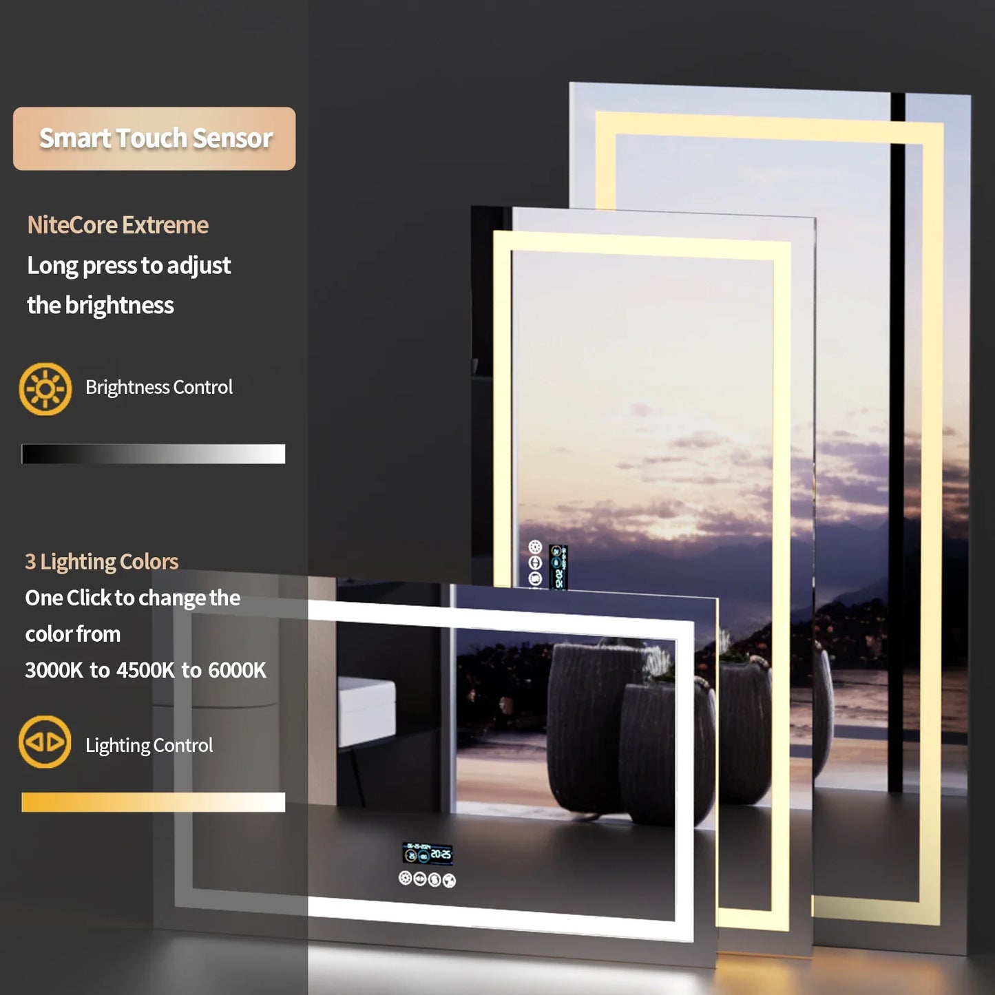 Fissuraminants pour miroir de maquillage LED, miroir de courtoisie avec lumières, miroir de maquillage à intensité variable, affichage numérique Bluetooth intelligent, mémoire de 3 couleurs