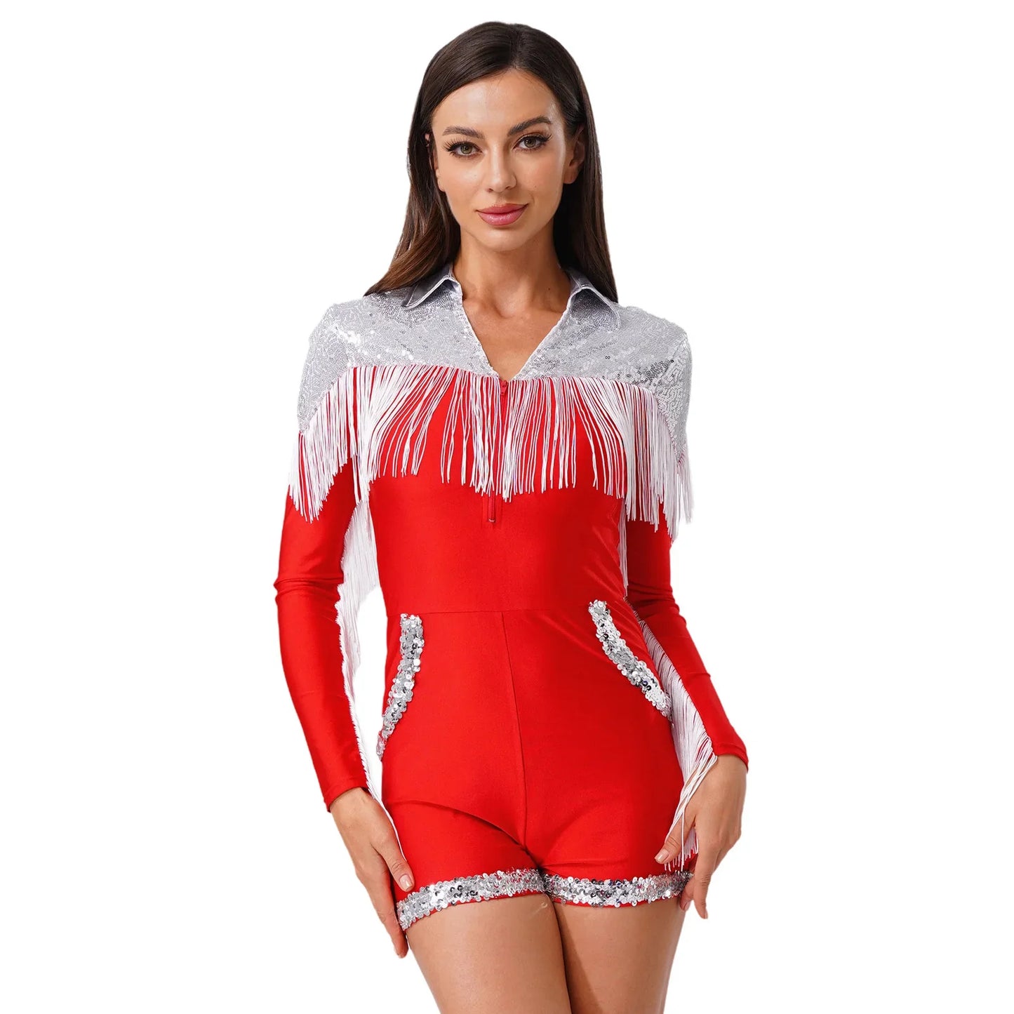 Womens Sequins Western Cowgirl Cosplay Costume Tassel Fringe Boyshorts Rompers 70s 80s Disco Bodysuit Front Zip Playsuit