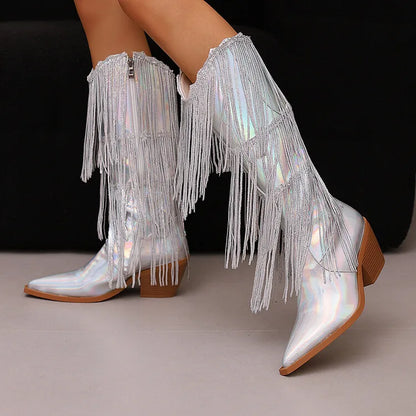Bottes western à sequins et pompons, noires et argentées, courtes, en peluche, automne/hiver, talon de 6,5 cm, style bohème, hauteur genou, pointures 36 a 46.
