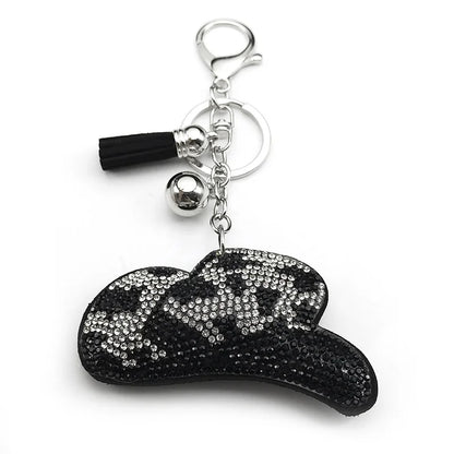 Porte-clés rétro imprimé léopard pour femmes et hommes, chapeau de Cowgirl, pompon noir, strass, breloque pour sac d'homme, porte-clés suspendu, bijoux cadeaux