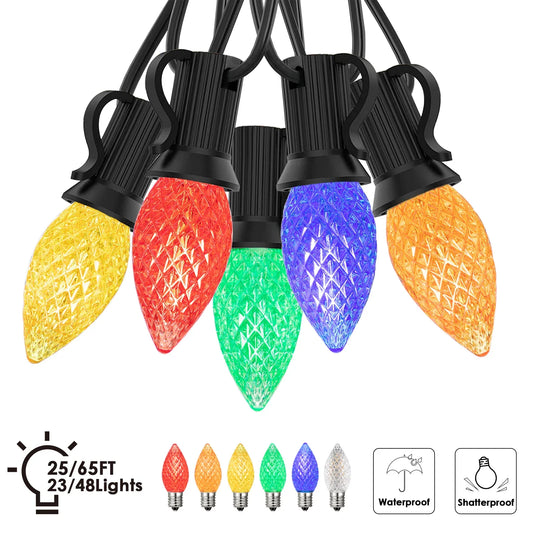 25FT 65FT Christmas String Lights C7 RGB Party Shatterproof Connectable Dimmable Garland Outdoor Decor Multi Color Hanging Light