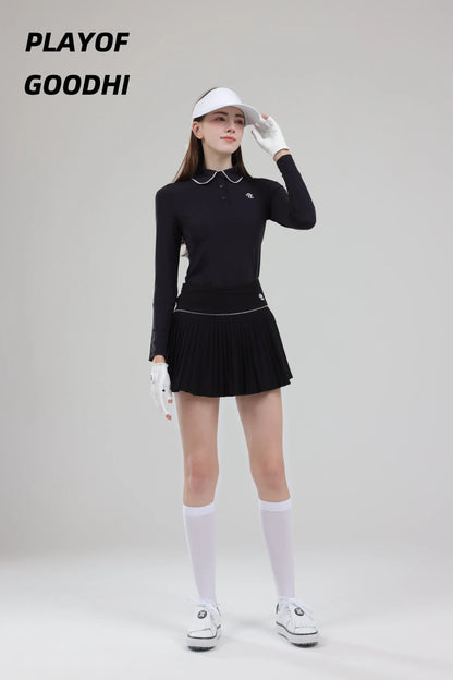 Vêtements de golf pour femme - T-shirt de golf à manches longues pour femme - Hauts de golf à col polo - Jupe plissée taille haute - Jupe-short de golf avec short intérieur