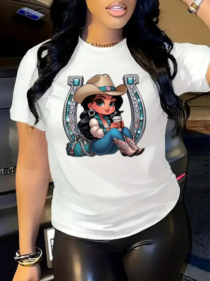 T-shirt femme motif cow-boy et bottes de l'Ouest, manches courtes décontracté et à la mode, col rond, coupe ample, vêtement de ville quotidien