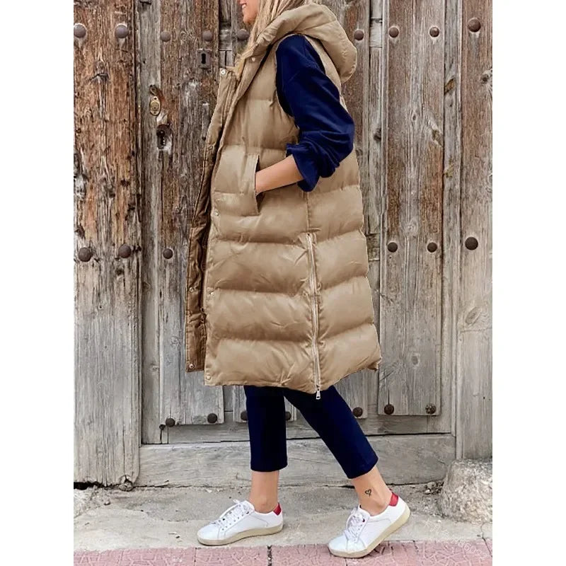 Manteaux à Capuche pour Femmes Automne Hiver, Gilet Doudoune sans Manches, Veste Matelassée Chaude et Unie, Parka