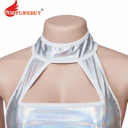 Austin Powers Elizabeth Hurley Cosplay Costume Sexy Female Vanessa Kensington Silver Strappy Halter Slim Mini Dress forHalloween