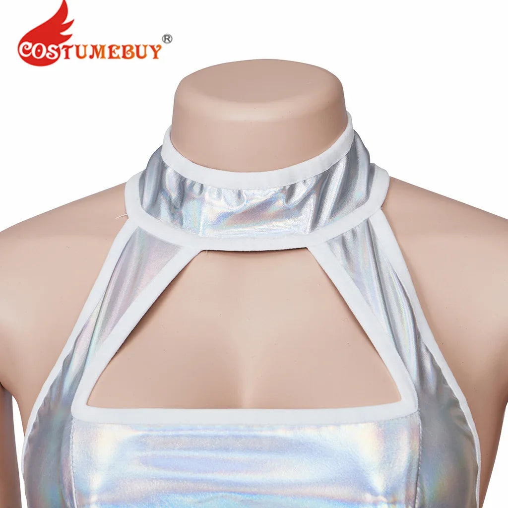 Austin Powers Elizabeth Hurley Cosplay Costume Sexy Female Vanessa Kensington Silver Strappy Halter Slim Mini Dress forHalloween