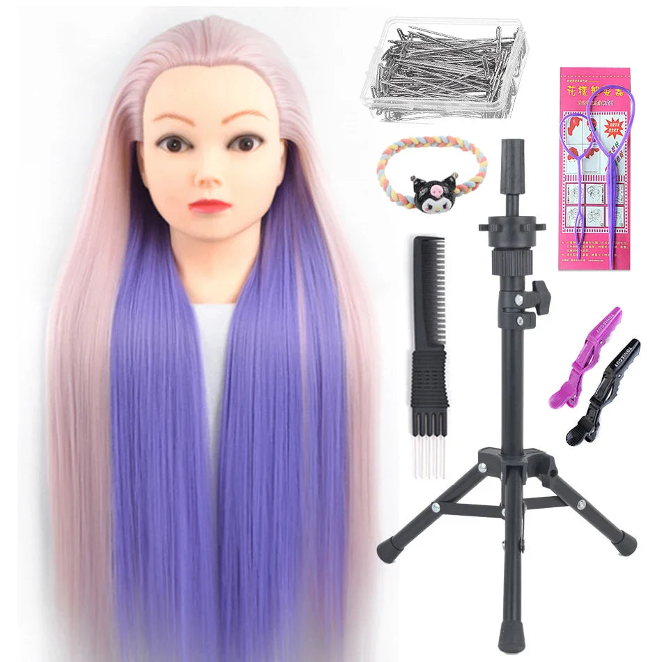 Tête de mannequin à cheveux longs synthétiques avec support de trépied de perruque réglable Modèle avec tête de mannequin Formation de coiffeur coiffant