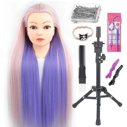 Tête de mannequin à cheveux longs synthétiques avec support de trépied de perruque réglable Modèle avec tête de mannequin Formation de coiffeur coiffant