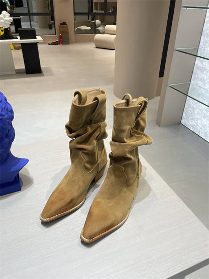 New Fashion Western Cowboy Boots Pointed Pleated V-mouth Thick Heel Medium Tube Short Boots