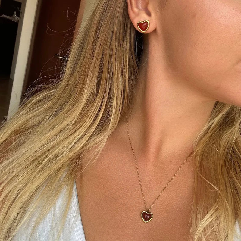 Boucles d'oreilles collier cornaline, collier en cristal coeur breloque en acier inoxydable cadeau de noël saint valentin pour sa femme petite amie