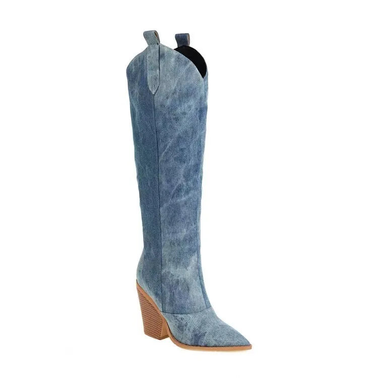 Women's Boots Denim Western Boots Autumn Winter Knee Thigh High Boots High Heel Long Boot Pointed Toe Slip on  Women Cowboy Boot