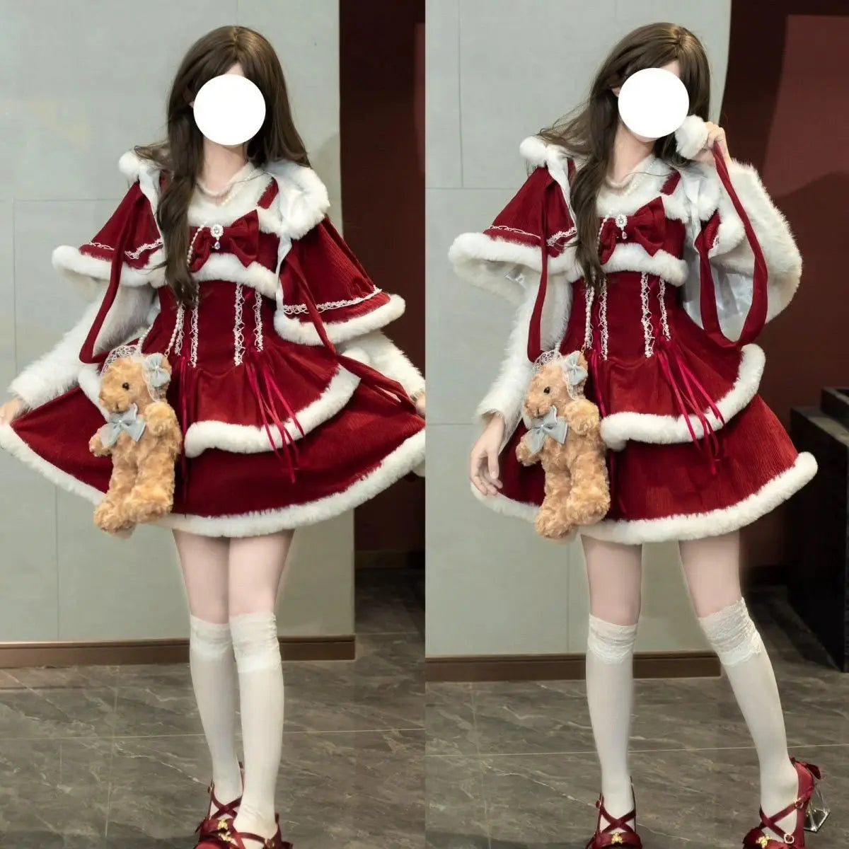 NONSAR-Ensembles de robes Lolita Kawaii japonaises pour femmes, châle à capuche, nœud, mini robe à bretelles, style coréen, doux, rouge, Noël, nouvel an imbibé