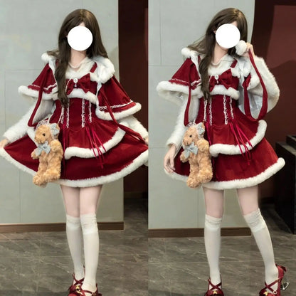 NONSAR-Ensembles de robes Lolita Kawaii japonaises pour femmes, châle à capuche, nœud, mini robe à bretelles, style coréen, doux, rouge, Noël, nouvel an imbibé