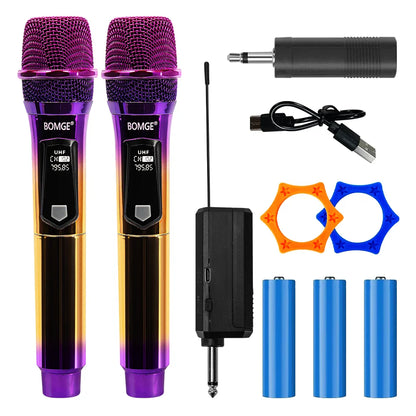 Professional 2 Channel DJ Karaoke Wireless Microphone System With Colorful purple mic Wireless Rechargable Receiver for Party DJ