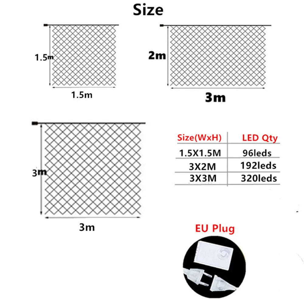 LED Net Mesh String Lights, 8 Modes, 220V, 110V, EU Plug, Festival Decoration, Christmas, Halloween, New Year 2026, Wedding Party