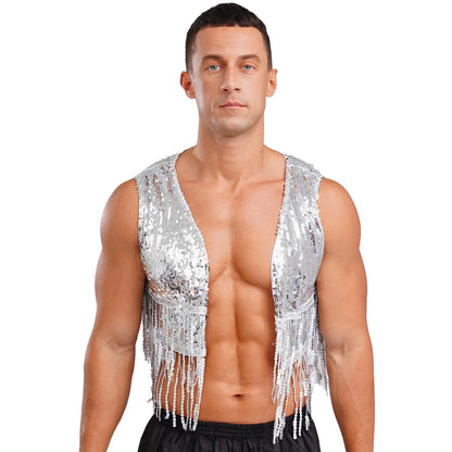 Mens Cowboy Western Costume Shiny Vintage 70s Disco Costumes Fringe Sequin Waistcoat Sleeveless Open Front Cropped Vest Cardigan