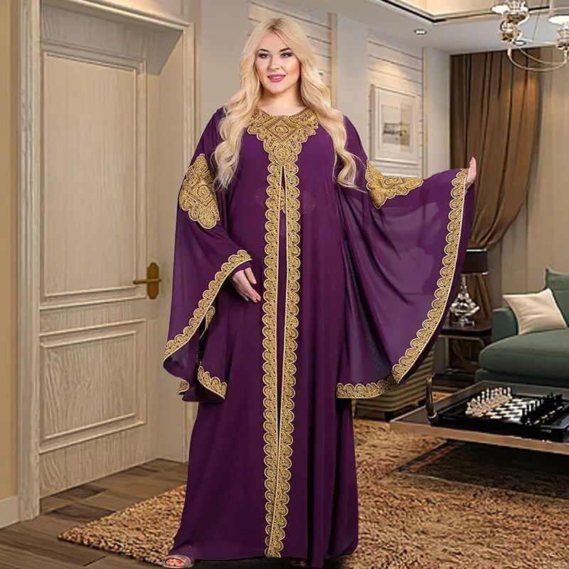 Abaya-Robes de soirée pour femmes, caftan musulman, manches évasées, robe brodée en dentelle dorée, trempée Jalabiya, Ramadan, ensemble de 2 pièces