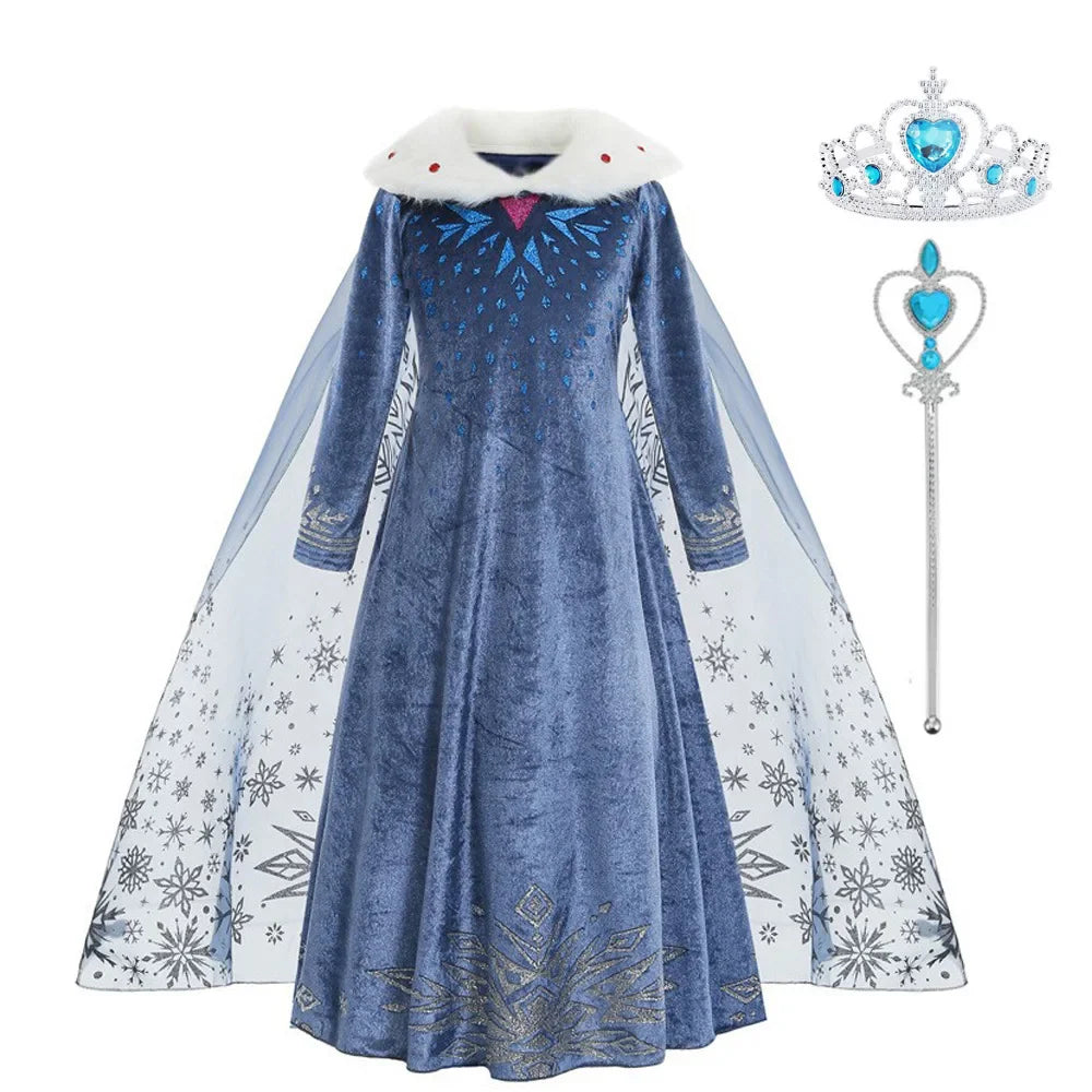 Costume Elsa Fille Robe Bleue Manches Longues Enfants Cosplay Princesse Déguisement Fête d'Halloween Anniversaire