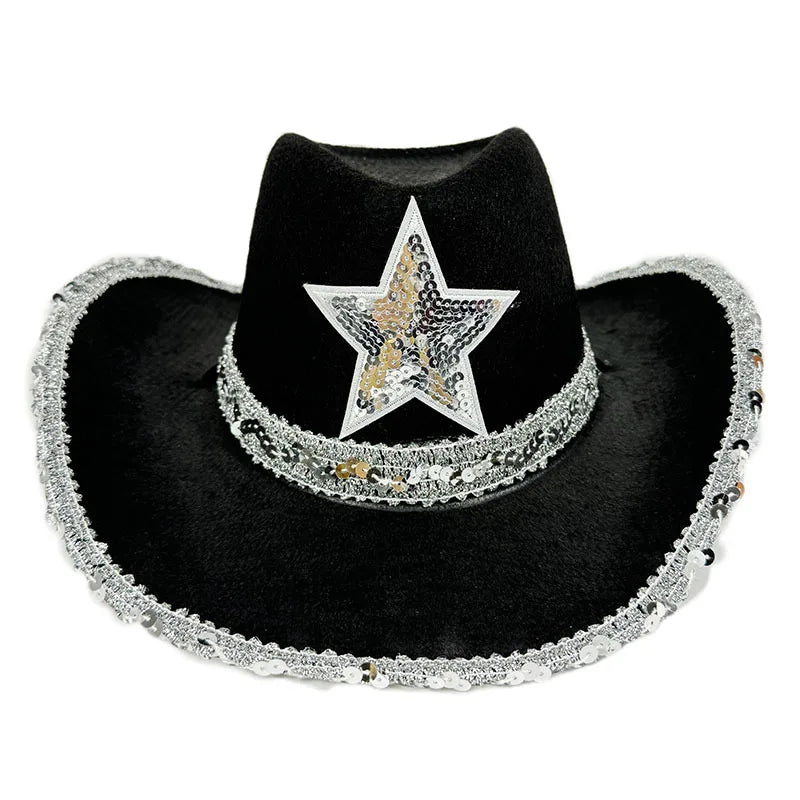 Chapeau de Cowboy Rose pour Femmes Filles Chapeau Western à Large Bord Chapeau à Paillettes Scintillantes pour Spectacle Costume de Cowgirl pour Fête de Mariage