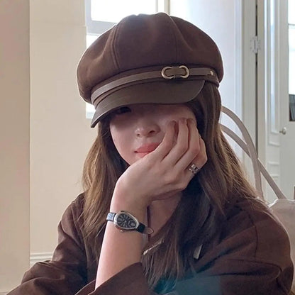Béret de Style britannique rétro pour femmes, casquette de journal octogonale polyvalente pour grande circonférence de la tête, chapeau de printemps et d'automne