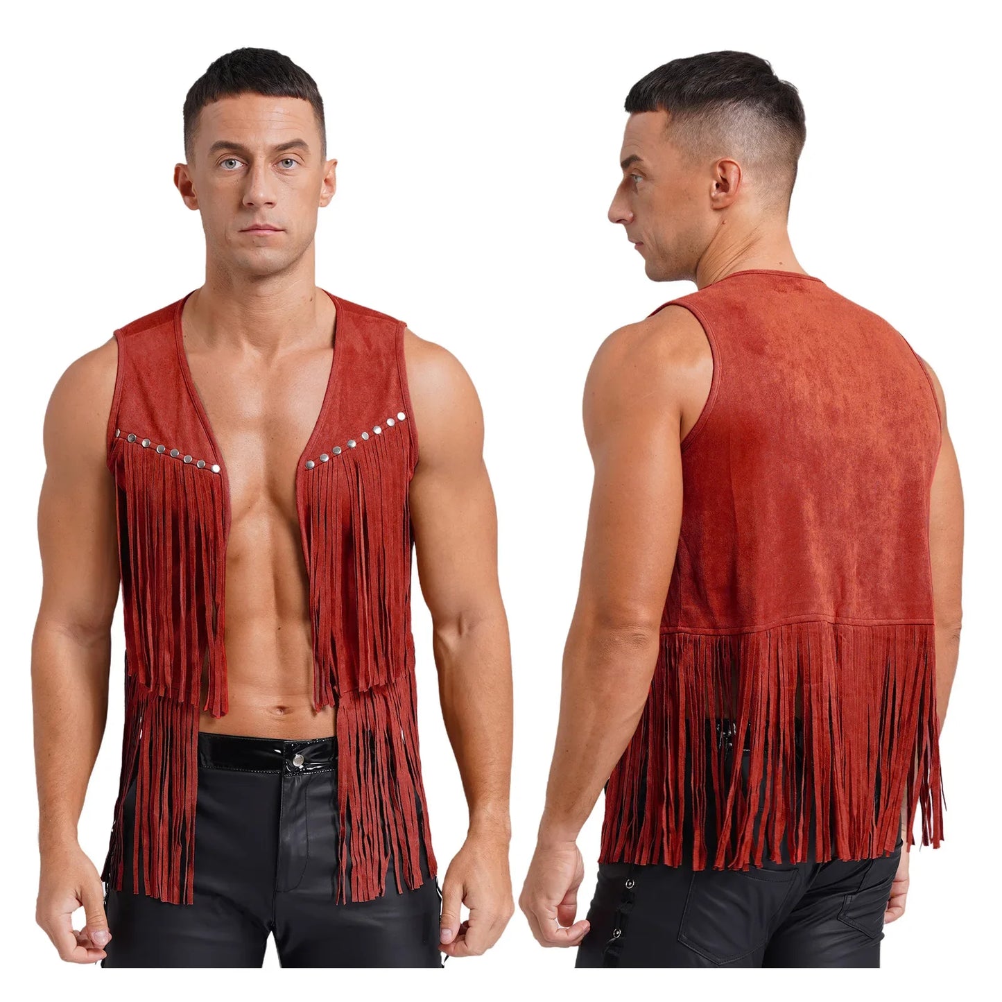 Men Halloween Western Cowboy Cosplay Costume Faux Suede Tassel Rivets Vest Waistcoat Motorcycling Rave Party Nightclub Outerwear