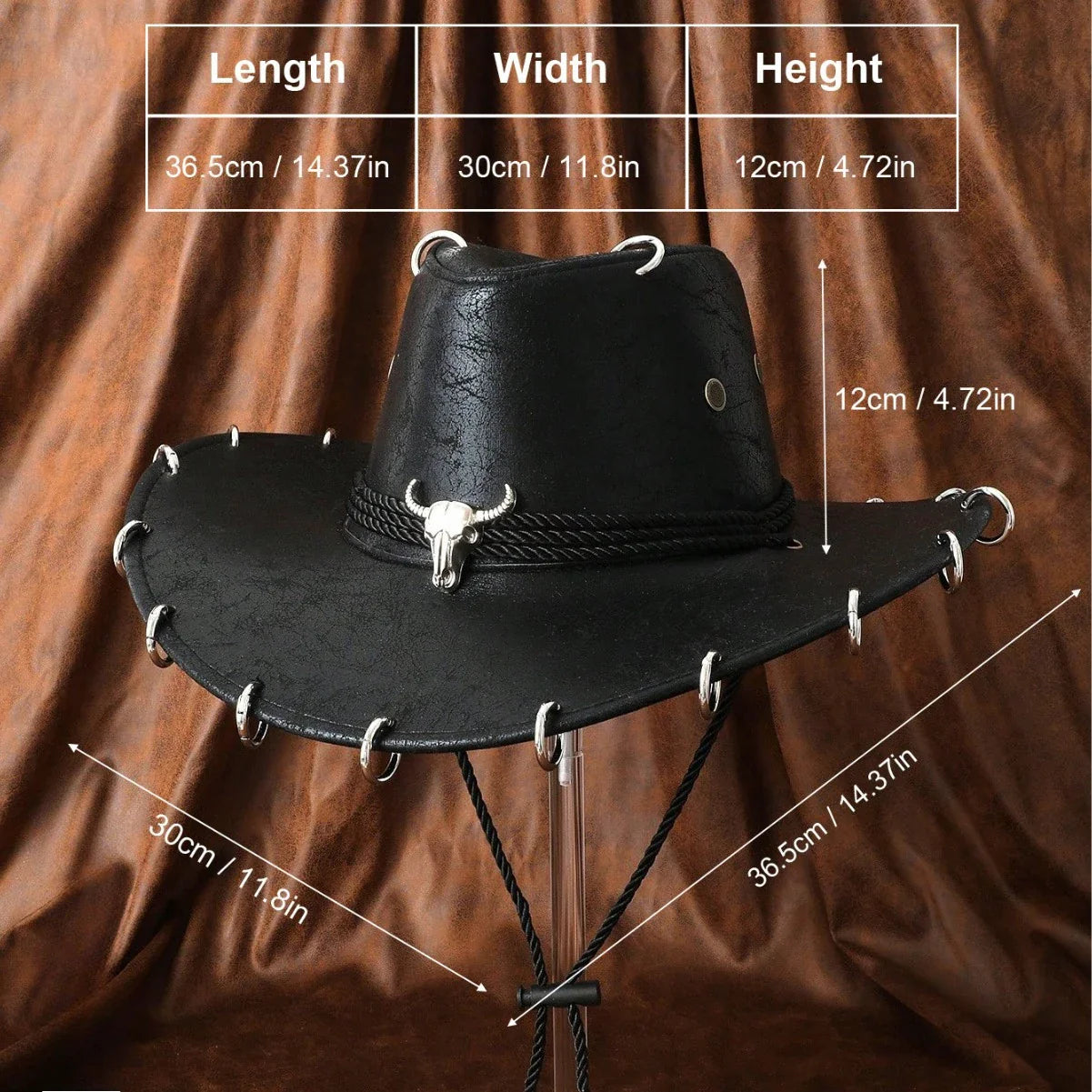HongLuan – Chapeau de cowboy unisexe en cuir PU noir réglable, style occidental, idéal pour les voyages, avec badge tête de taureau, pour l'extérieur