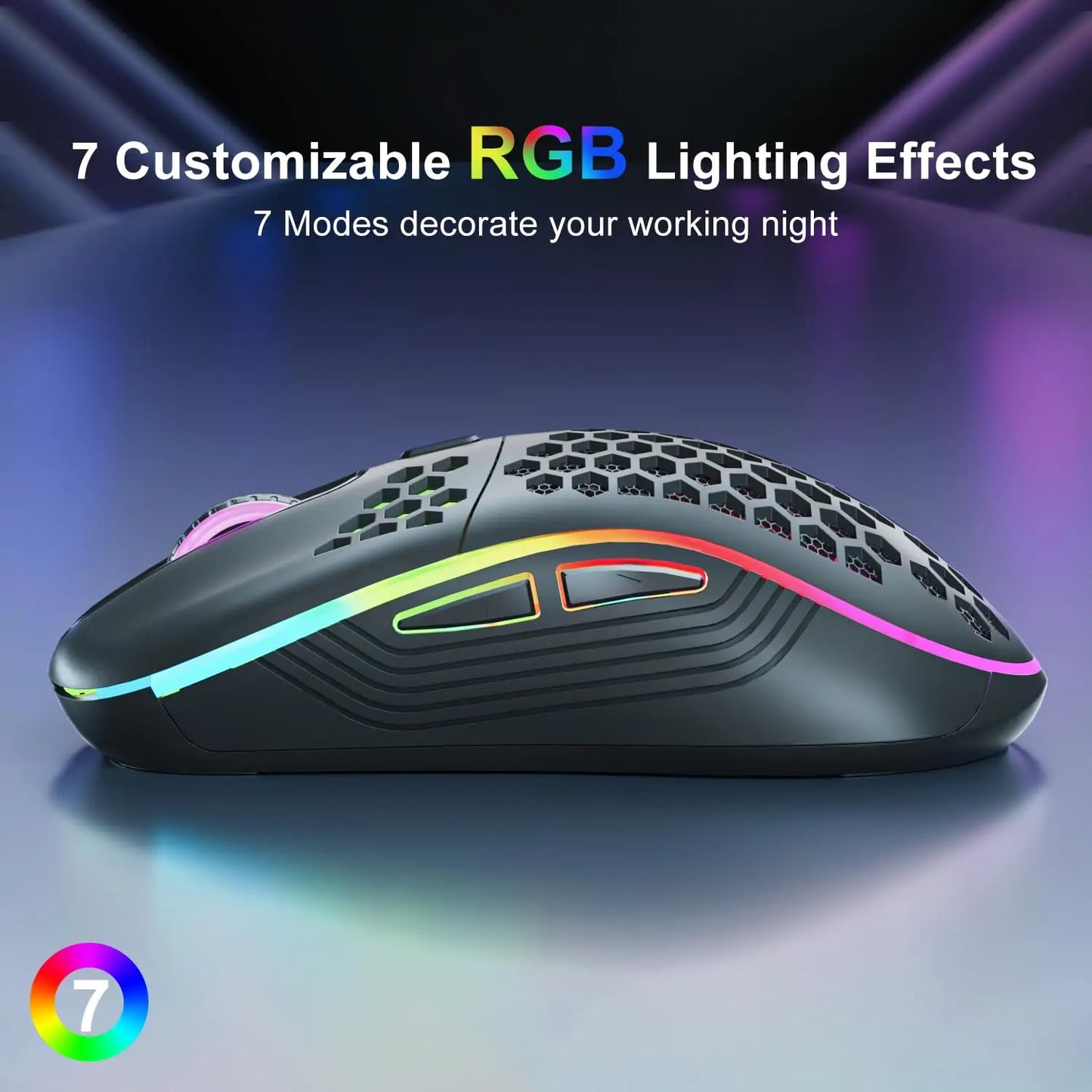 2.4G Wireless Mouse with RGB Backlit 6-button 3-speed DPI Type C Rechargeable Ergonomic Honeycomb Design Gaming Mouse