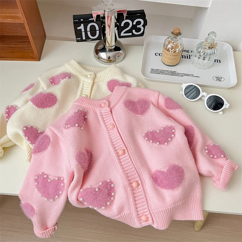 Children's Pink Heart Pearl Color Matching Knitted Cute Casual Sweater Cardigan Girl Spring and Autumn Jacket